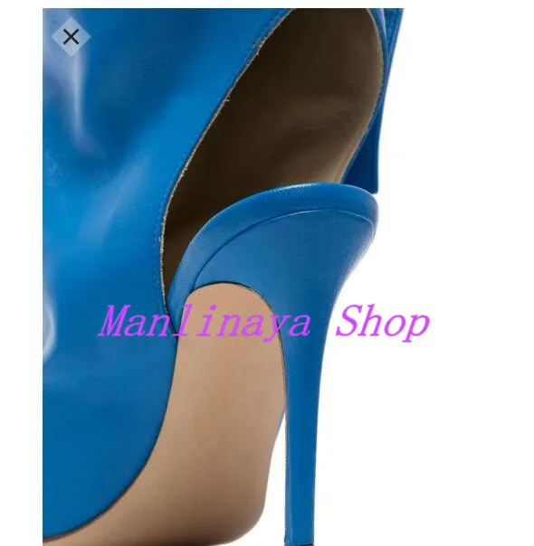 Синие кожаные женские ботинки с вырезами в стиле пэчворк высокие сапоги выше