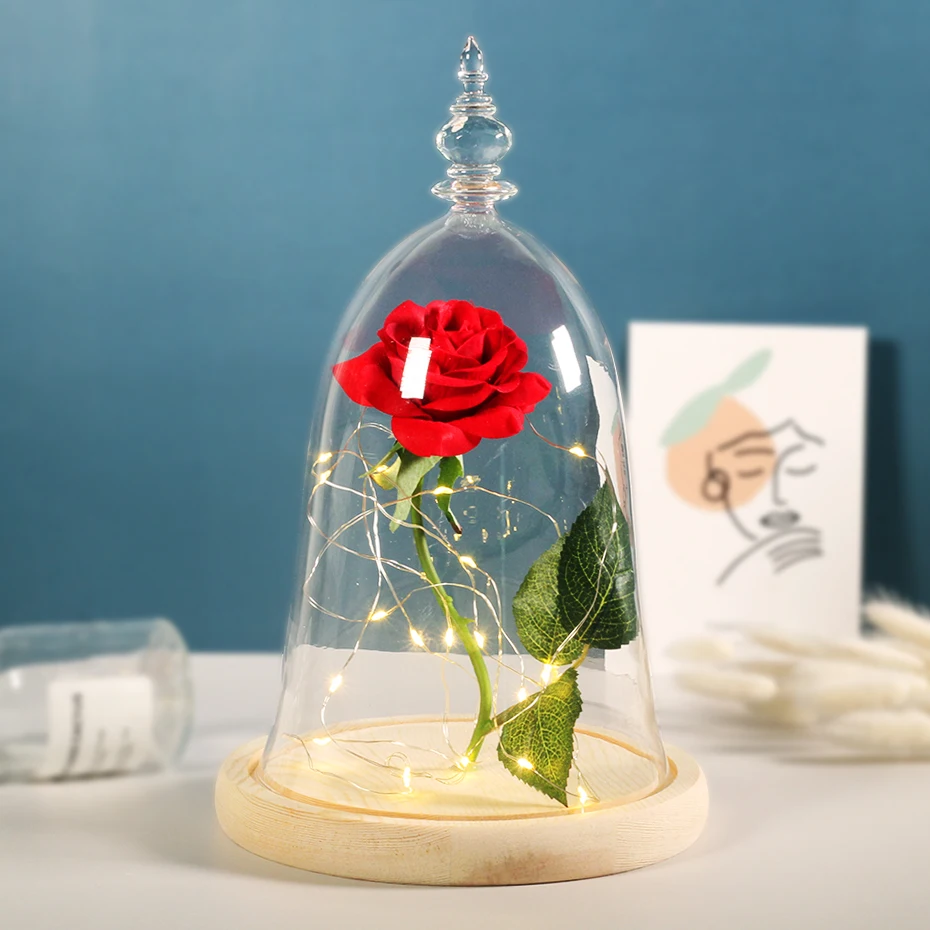 Beauty And The Beast Red Rose Artificial Flowers Rose In Glass Dome Decoration Romantic Christmas Valentine's Day Birthday Gift images - 6