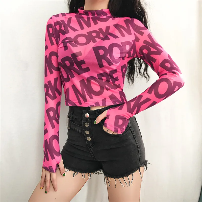 

Fashion Women Mesh Shirt Turtleneck Slim Fit Tops Long Sleeve Women Blouse Letter Pullover Cropped Tops Casual Blouses