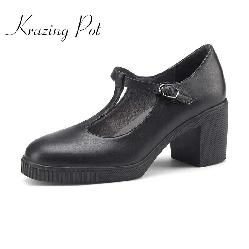 

Krazing pot genuine leather round toe high heels buckle strap classic colors preppy style beauty lady fashion women pumps L71