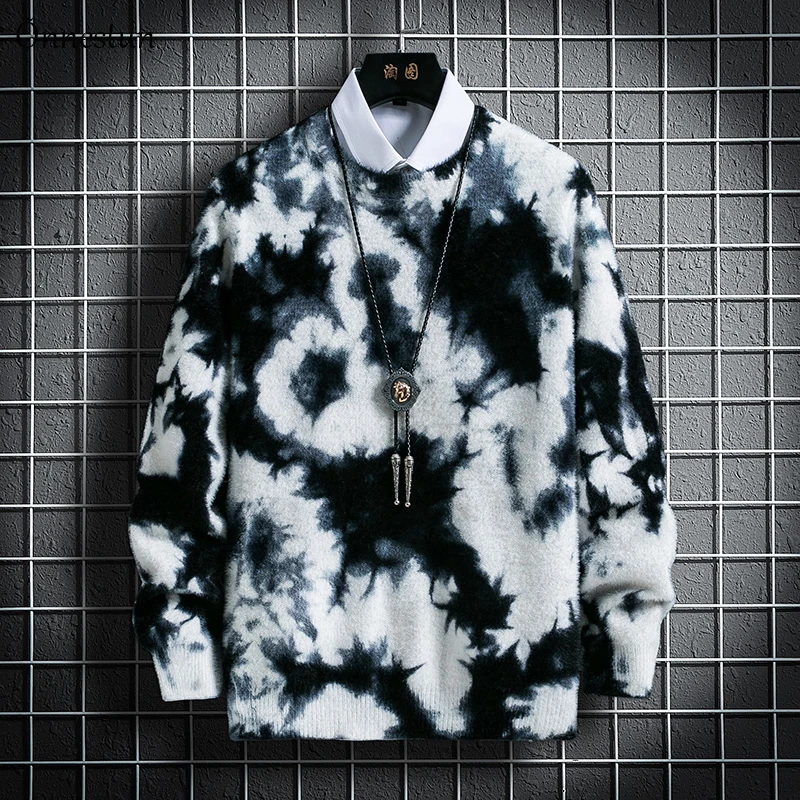 

Onnestun Sweater Men New Autumn Winter Tie-dye printing Men's Knitted Pullover Casual Long Sleeve Imitation mink Warm Sweater