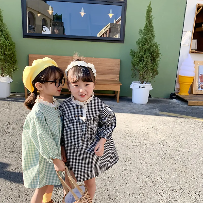 Retro Girl Ruffles Dress 2020 Spring New White/black Toddler Long Sleeved Double Breasted Baby Vintage Plaid | Детская одежда и
