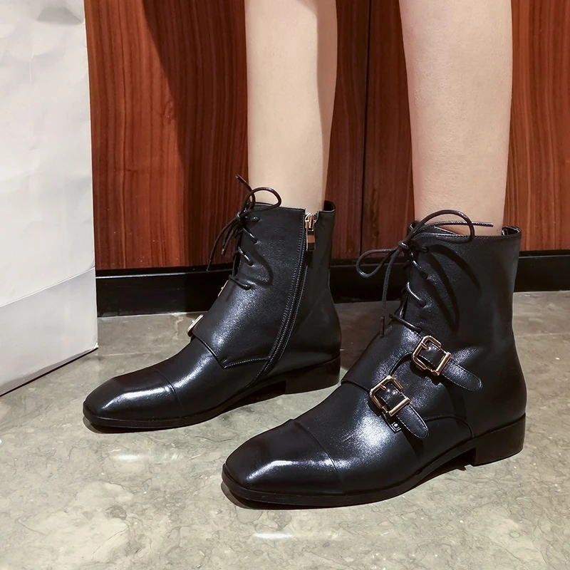 

WETKISS Motorcycle Ankle Boots Women Cow Leather Booties Female Square Toe Low Heels Shoes Ladies Buckle Shoes Winter 2020 New