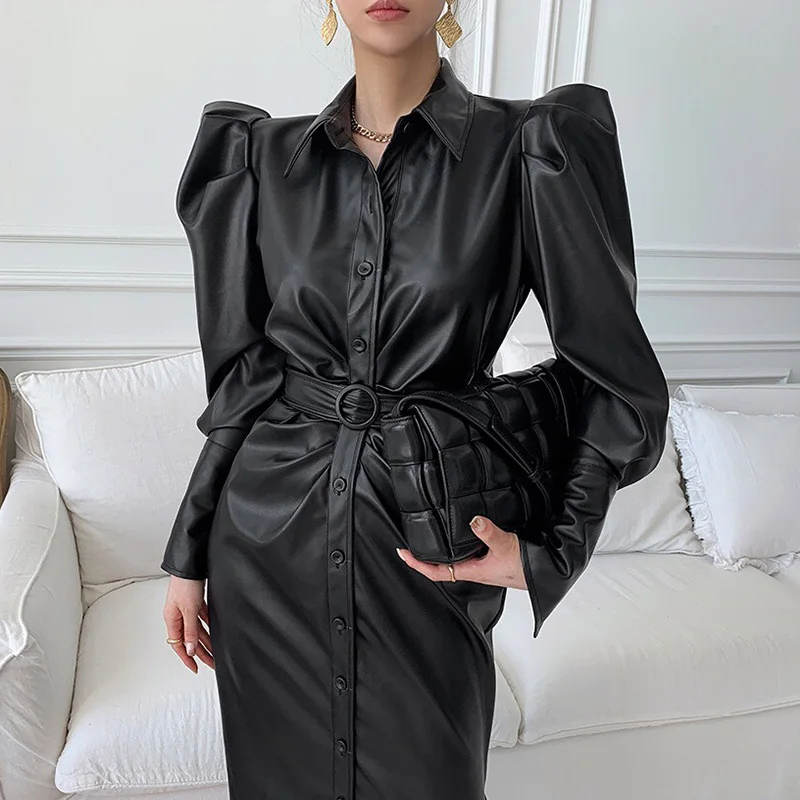 

Women PU Maxi Dress 2022 New Autumn Puff Sleeve Womon Clothes Buttons Lady Big Girls Dress Balck Faux Leather Soft,#1024