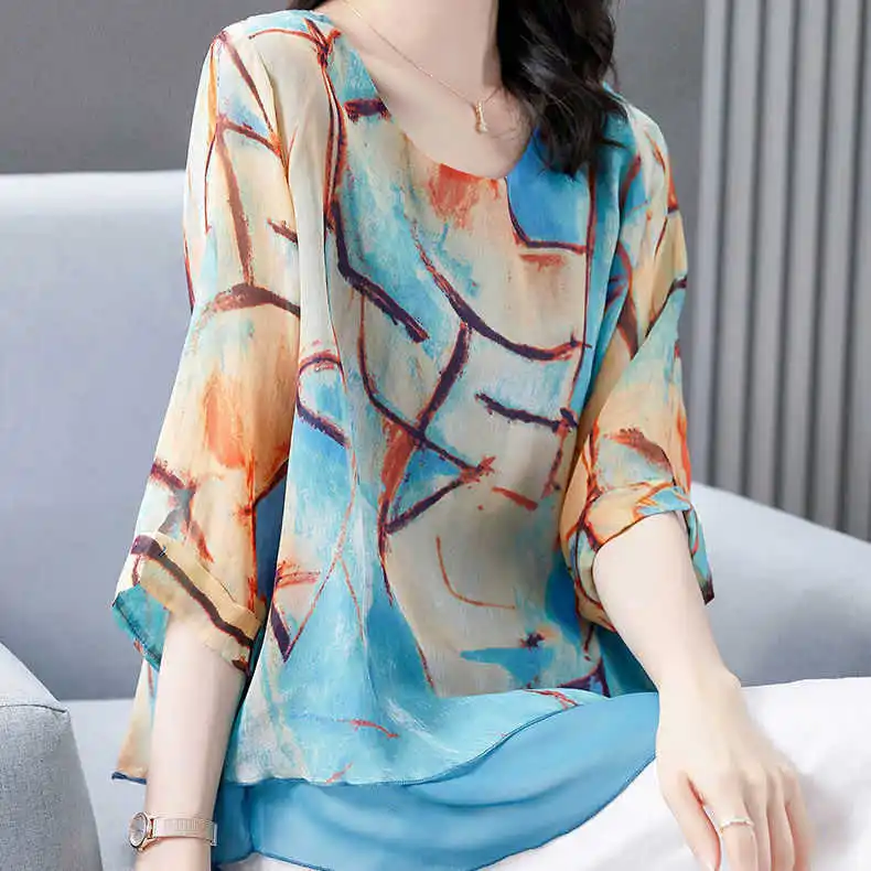 

Middle-aged and elderly mothers wear printed chiffon shirt 2021 summer new loose and thin T-shirt short-sleeved western-style