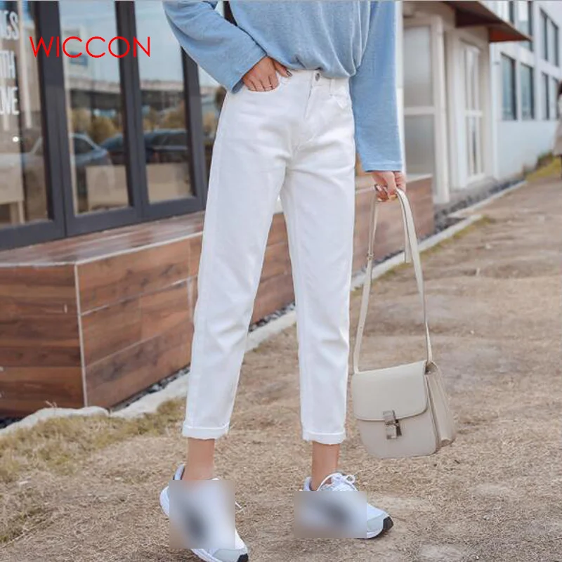 Женские хлопковые белые джинсы шаровары с высокой талией для мам небесно-голубые