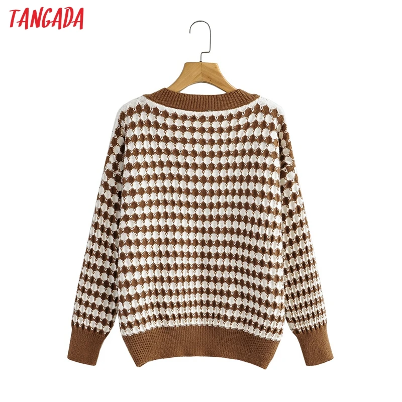 

Tangada Women 2021 Fashion Geometry Oversize Knitted Sweater Jumper V Neck Female Elegant Pullovers Chic Tops 1F284