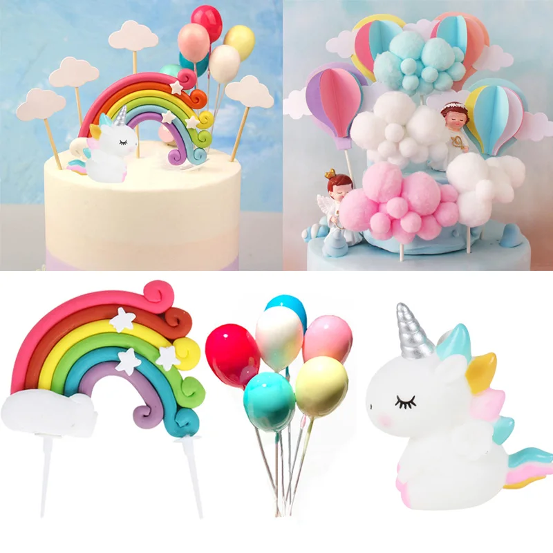 Adorno de torta para niño y niña, decoración de unicornio, globo, nube, arcoíris y banderas para tartas, pastel de cumpleaños y baby shower