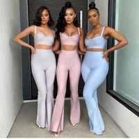 8 colors new womens fashion sexy bandage 2 two piece set sleeveless tight short top high waist flared trousers pants set