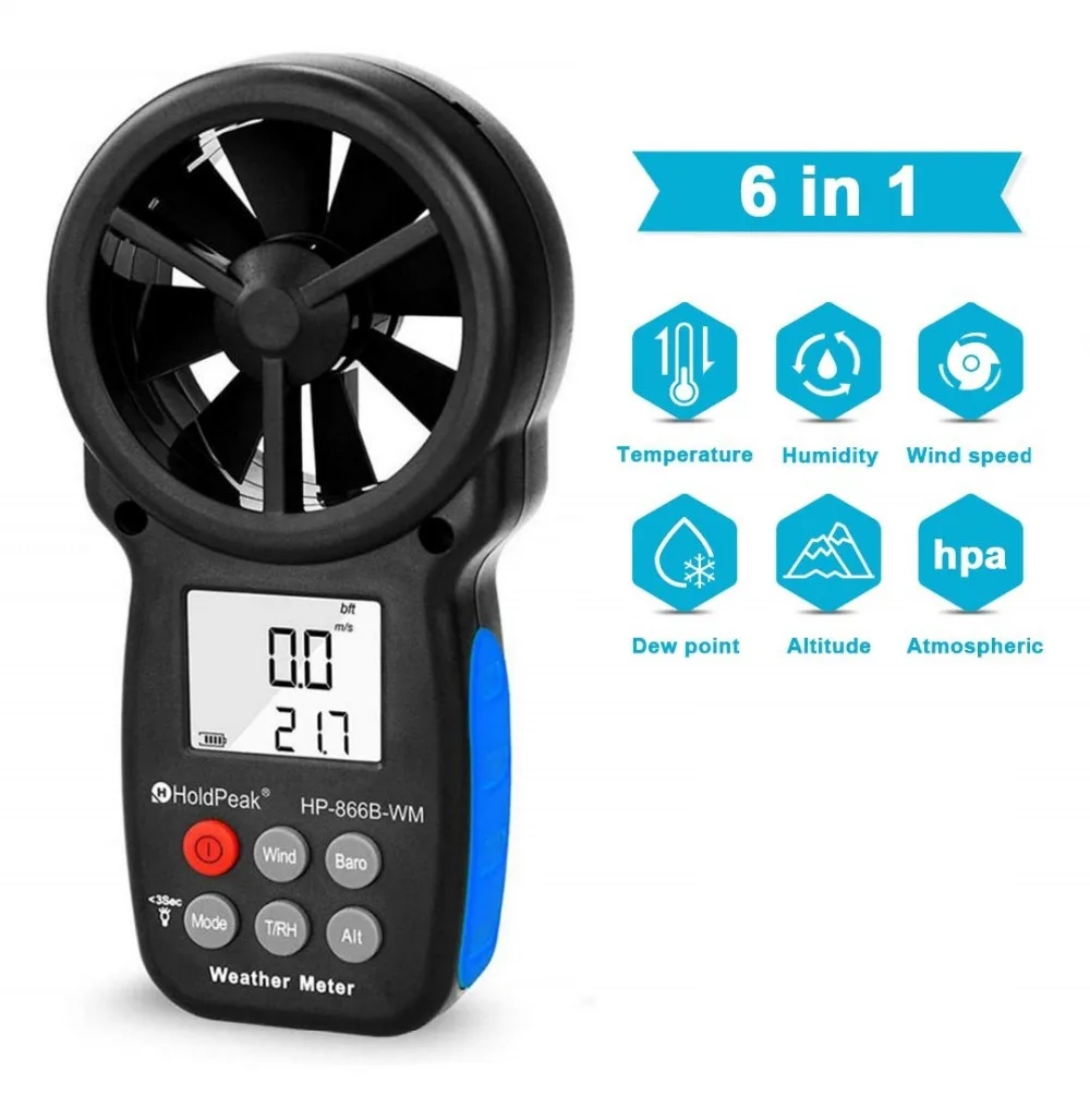 Измеритель скорости ветра Anemometer HoldPeak с цифровым сенсором чашка Anemometro 30 м/с ЖК