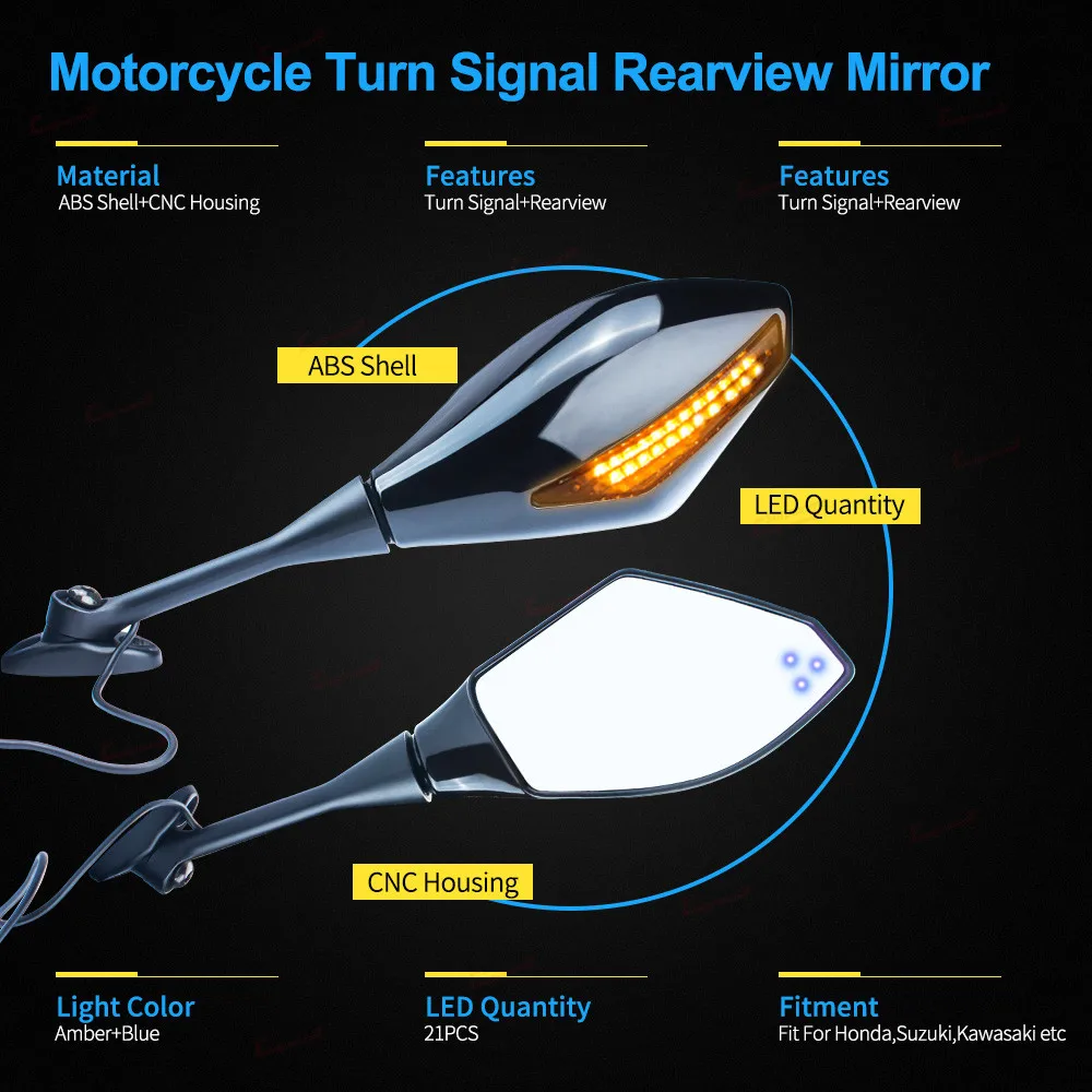 Мотоциклетное зеркало заднего вида с синим янтарным светодиодом светильник