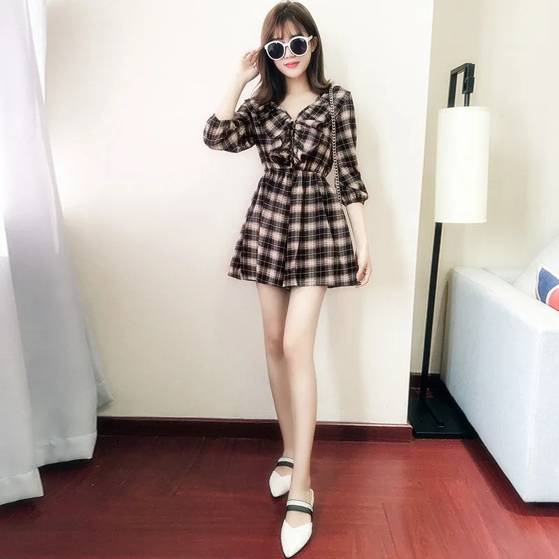 

Woman Summer Casual Plaid Mini Lolita Kawaii Cute Dress Wrap Sexy Bodycon Sundress Vintage Short Sleeve Clothes