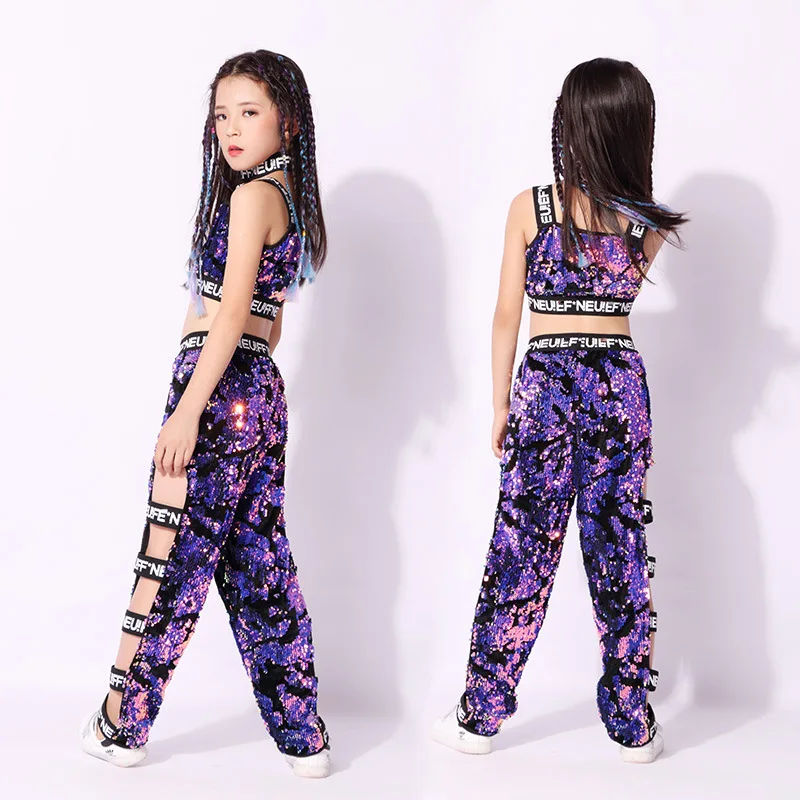 

5-12 year summer children clothes Kids hip-hop suit girls jazz cropped short jazz street dance Purple Shiny Jazz Dance Costume