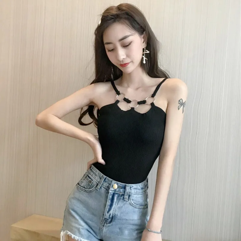 

Sexy Knitted Tank Top Sexy Ring Buckle Halter Knitting Camisole Korean Silm Wild Club Party Tank Tops