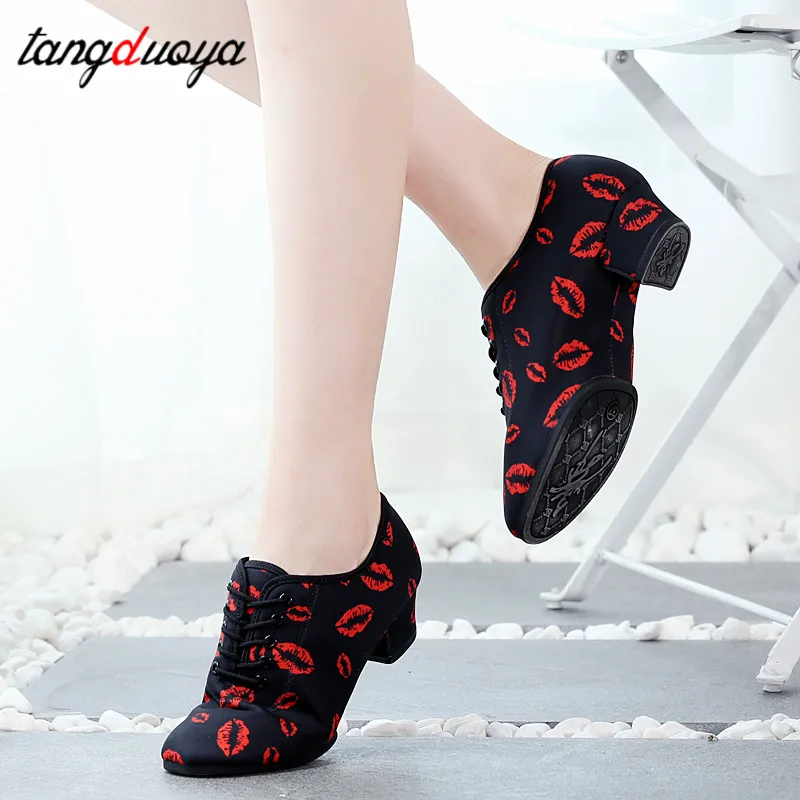 

New Latin Dance Shoes Tango Salsa Girls Woman Adult Modern Ballroom Dance Shoes Teacher Shoes 3.5/5cm Red lips Oxford Sneakers