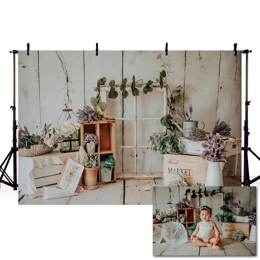 

Mehofond Spring Easter Backdrop French Market Plants Purple Flower Wood Floor Baby Portrait Photography Background Photo Studio
