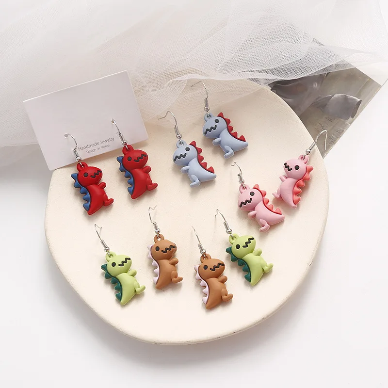 Корейские Симпатичные серьги гвоздики из смолы с мультяшным динозавром для