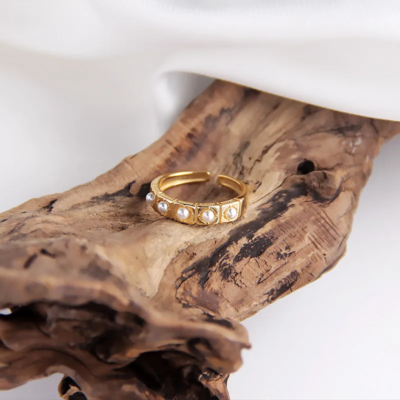 Leouerry 925 пробы серебряные кольца для женщин Золотая квадратная сетка жемчуг