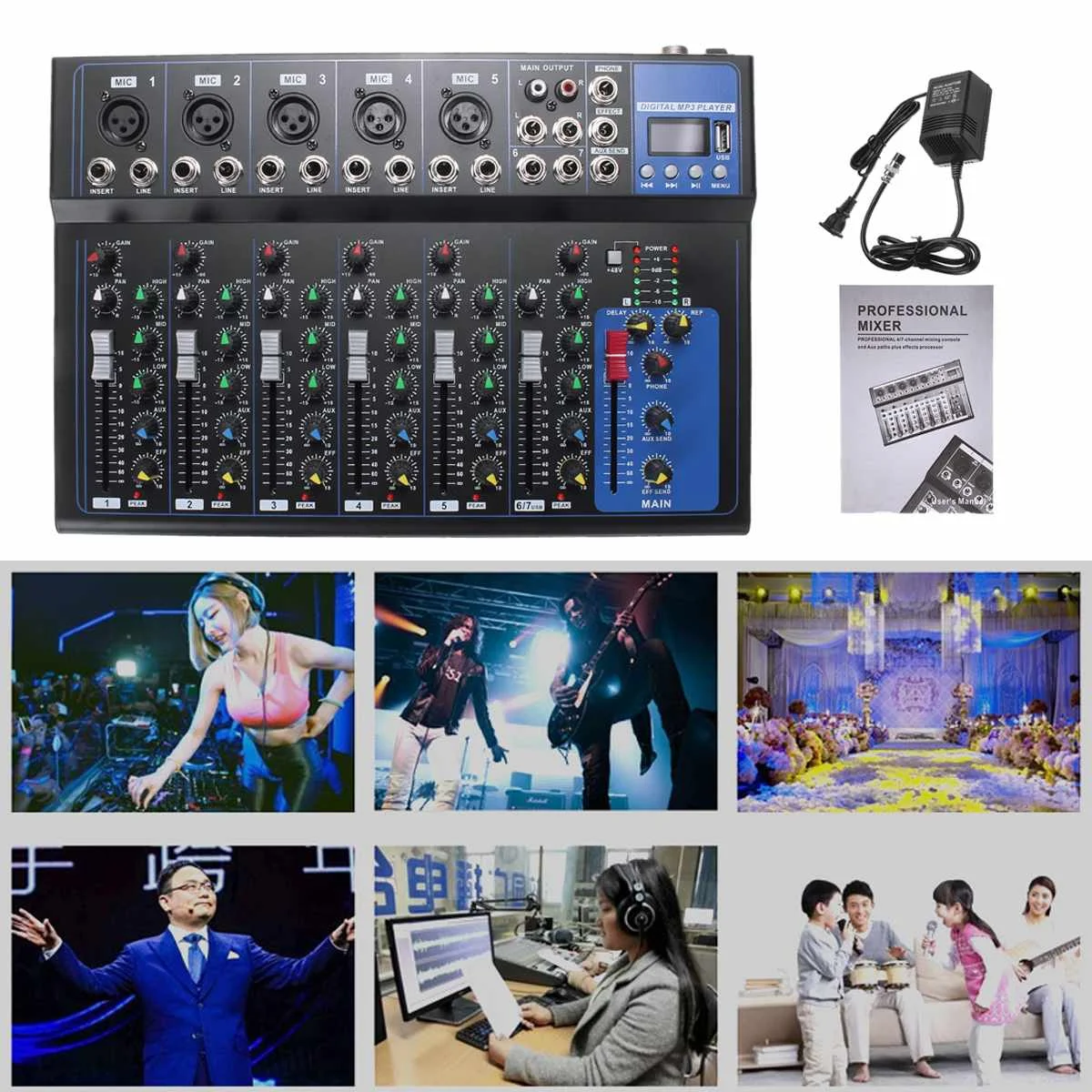 LEORY Bluetooth аудио Миксер с USB диджейский звуковой микшерный пульт MP3 Jack 7 канальный