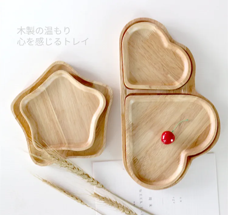 Japan Style Wooden plate love breakfast plate western bread plate star snack plate oak grid Tray