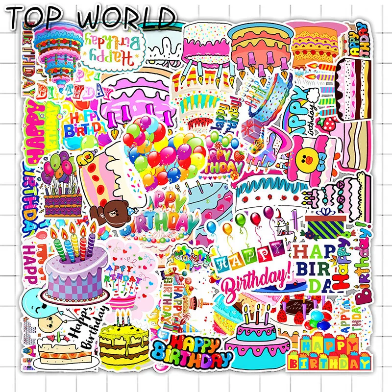 10/50Pcs/set Happy Birthday Cake Cartoon Graffiti Waterproof Sticker For Kid Case Luggage Decals Motorcycle Helmet Laptop