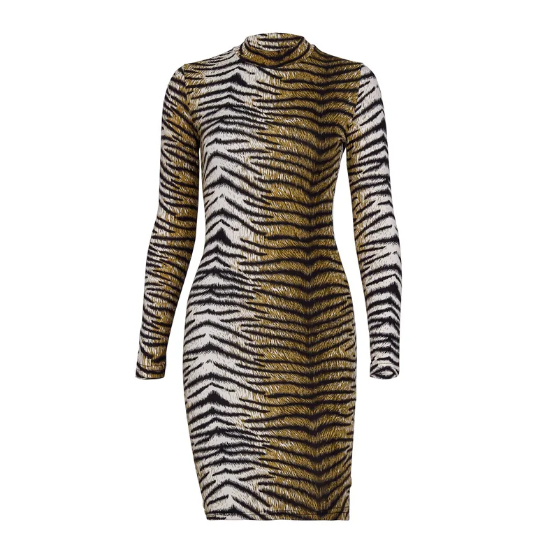 991268 Tiger Print Леопардовое платье с длинным рукавом, облегающее сексуальное платье, Осень-зима, женская уличная одежда, вечерние, Клубные, праздничные платья, верхняя одежда с животными - Цвет: 991268 Tiger Print