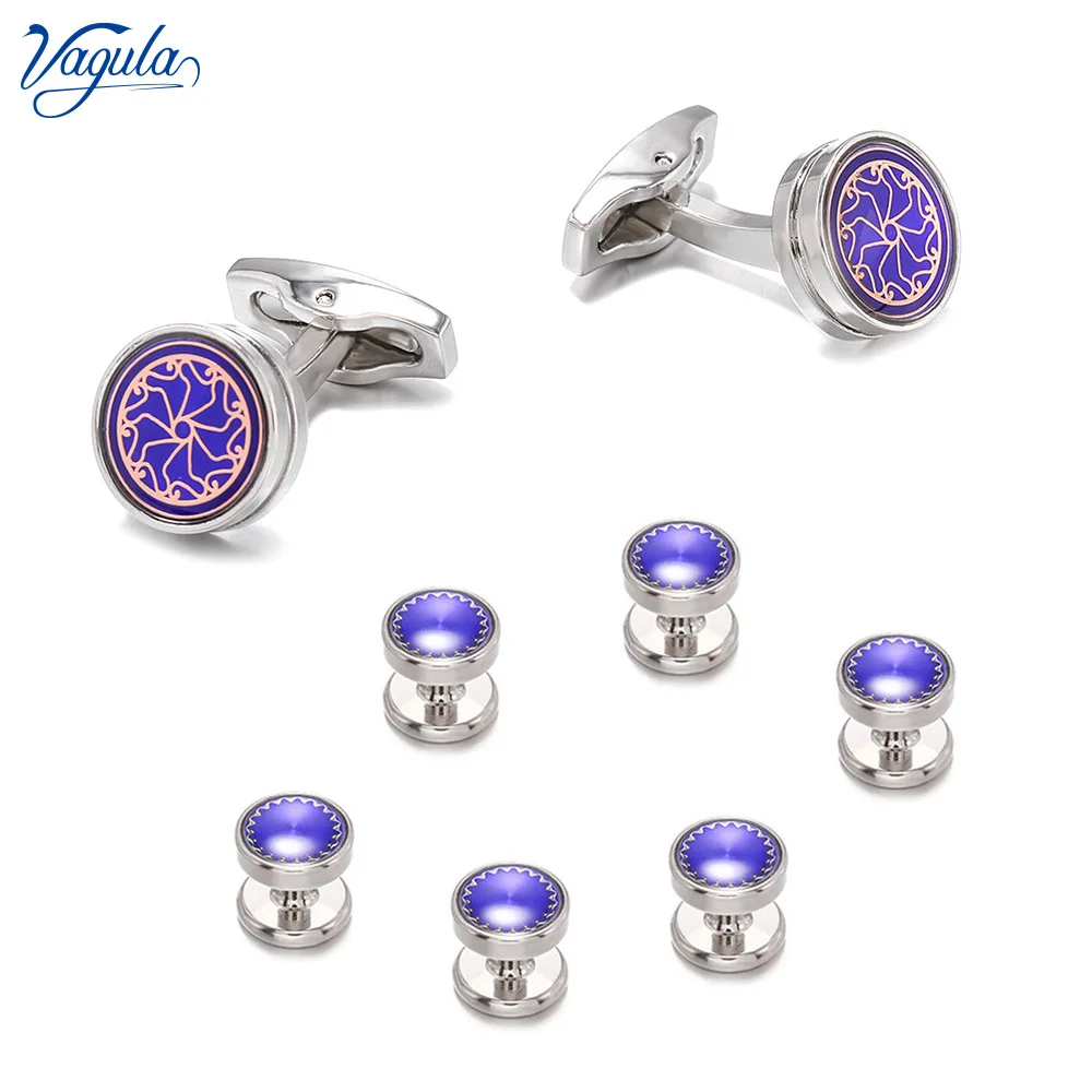 

VAGULA Blue Cufflink Stud in 8pcs Set Luxury Tuxedo Collar Stud Set Button Gemelos S23