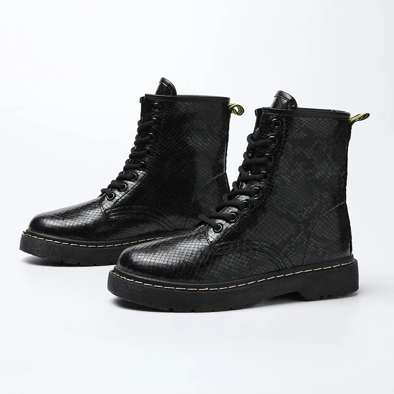 

Platform boots cross-tied creepers leather motorcycle booties mid-calf sewing solid snow bota feminina footwear O6-35