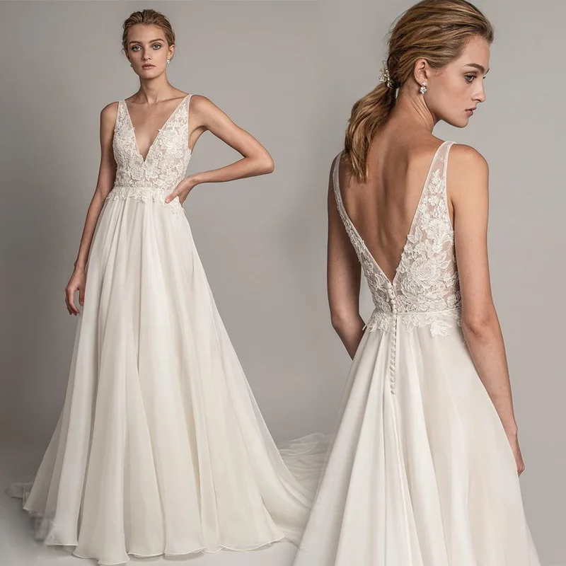 

Lace Tulle Wedding Dress A-Line Appliques Sleeveless Beach Wedding Dress Backless Chic Tulle Bridal Dresses Vestido De Noiva