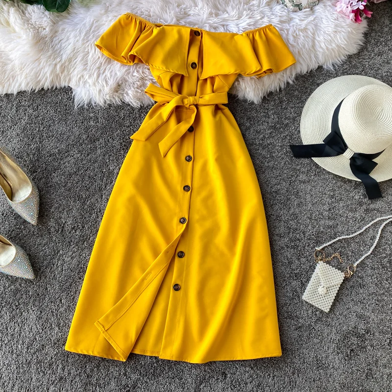 

Nuevas Mujeres Playa Vestido Elegante Vestido Vintage Slim Botón Volantes Ajustado De Media Pierna Fiesta De Verano, Vestido De