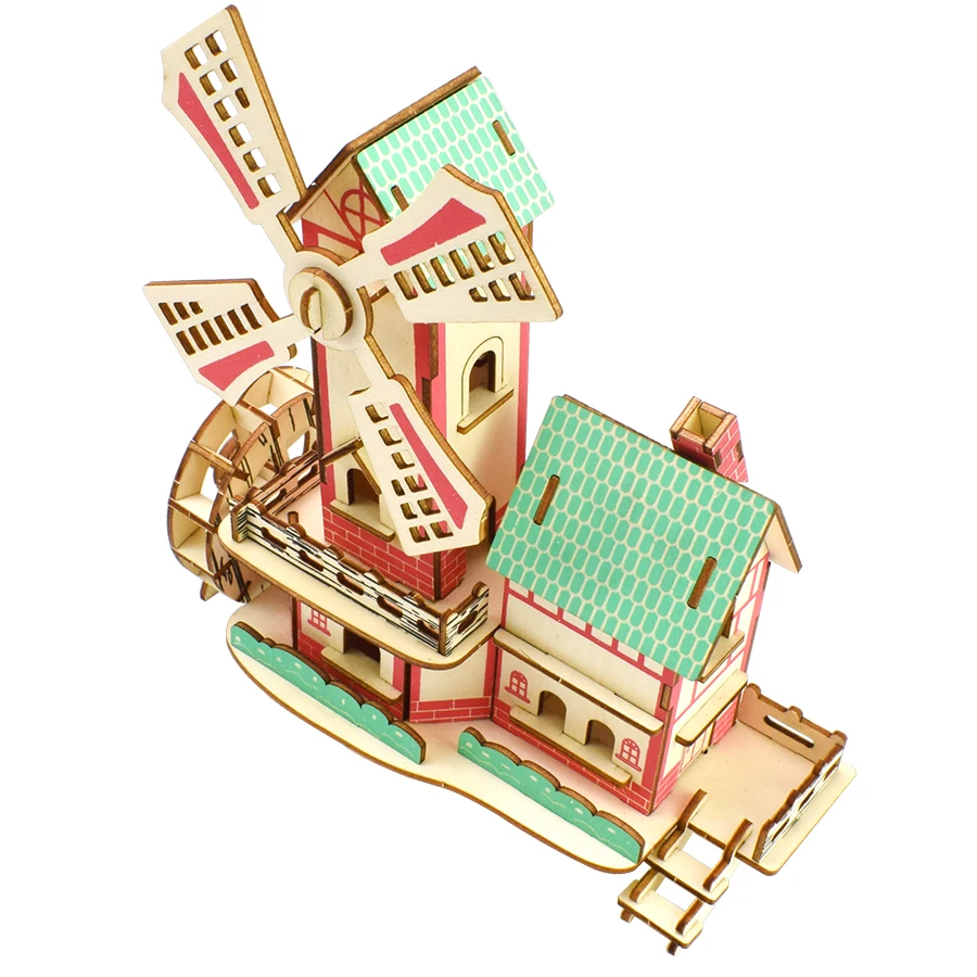 Ветряная мельница здания 3D дети деревянные игрушки-паззлы DIY граффити красочное