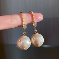 new fashion fine 14k real gold big pearl crystal drop earrings for women high quality jewelry aaa zircon s925 silver needle gift