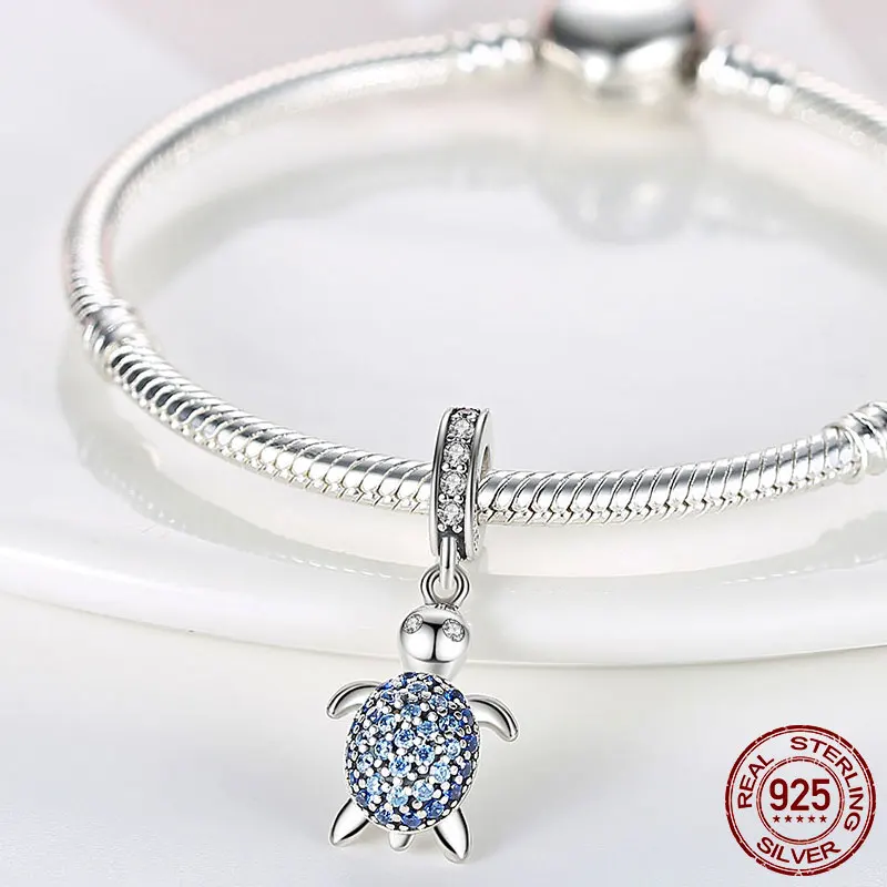 

Hot Sale Summer New 925 Sterling Silver Blue CZ Sea Turtle Tortoise Charm Pendant fit Charms Beads Bracelet Original DIY Jewelry