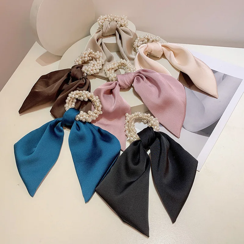 

Bowknot Elastic Hair Bands Solid Color Bow Streamers Hair Rope Ponytail Holder Hair Scarf Girls Ribbon Pearl Scrunchies