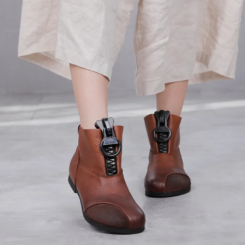 

Новинка Осень-зима 2020, кожаные короткие ботинки в стиле ретро, женские ботильоны из воловьей кожи с низким верхом, крутые ботильоны на молни...