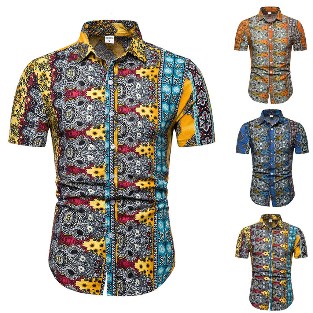 Мужская приталенная рубашка повседневная гавайская с коротким рукавом