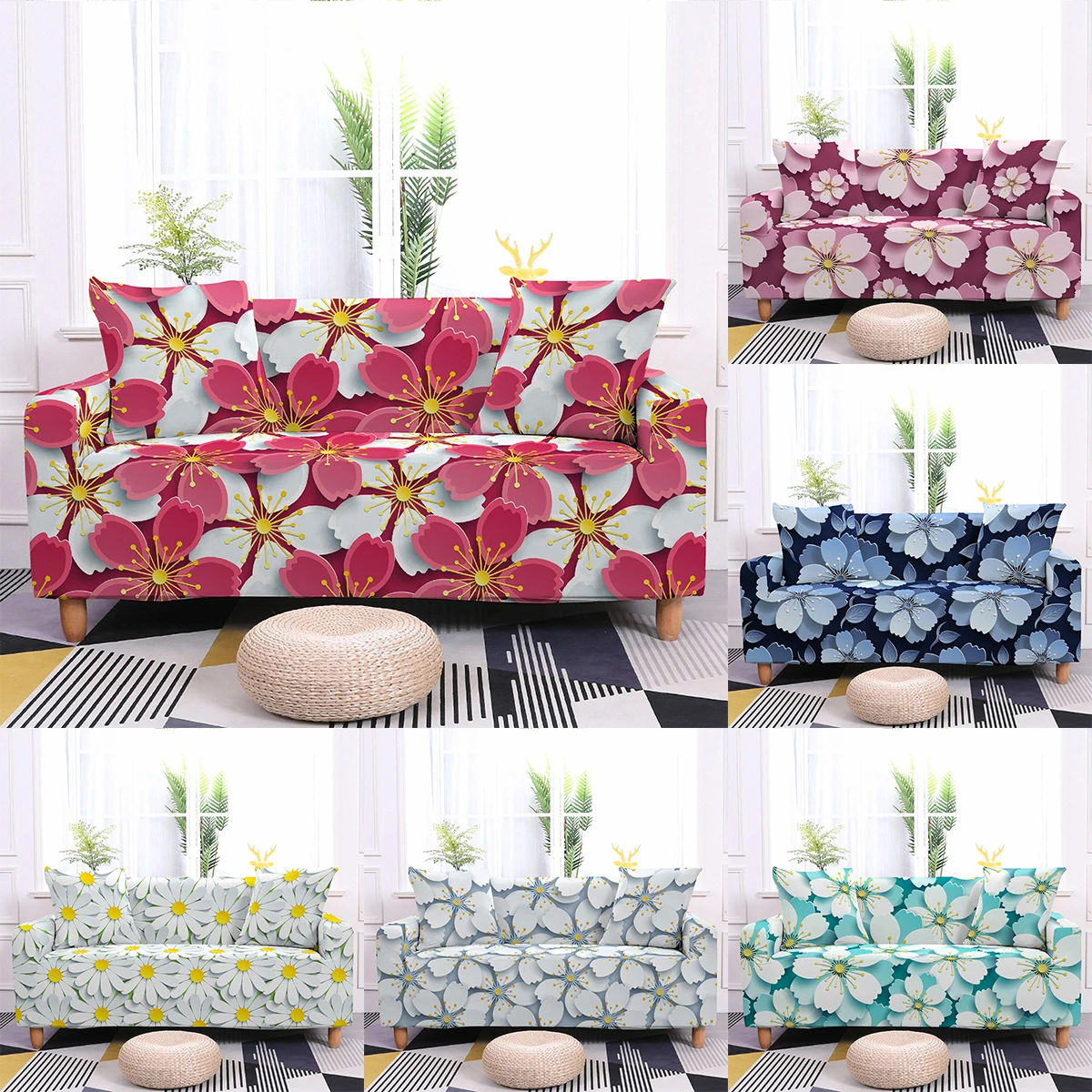 

3D Floral Elastic Sofa Cover Pink Blue Flower Stretch Sofa Cover For Living Room Sectional Corner Couch Cover Armchair Slipcover