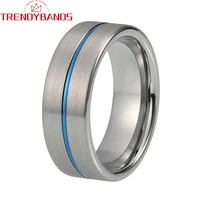 8mm tungsten carbide rings for men women wedding band blue center grooved flat brushed finish comfort fit