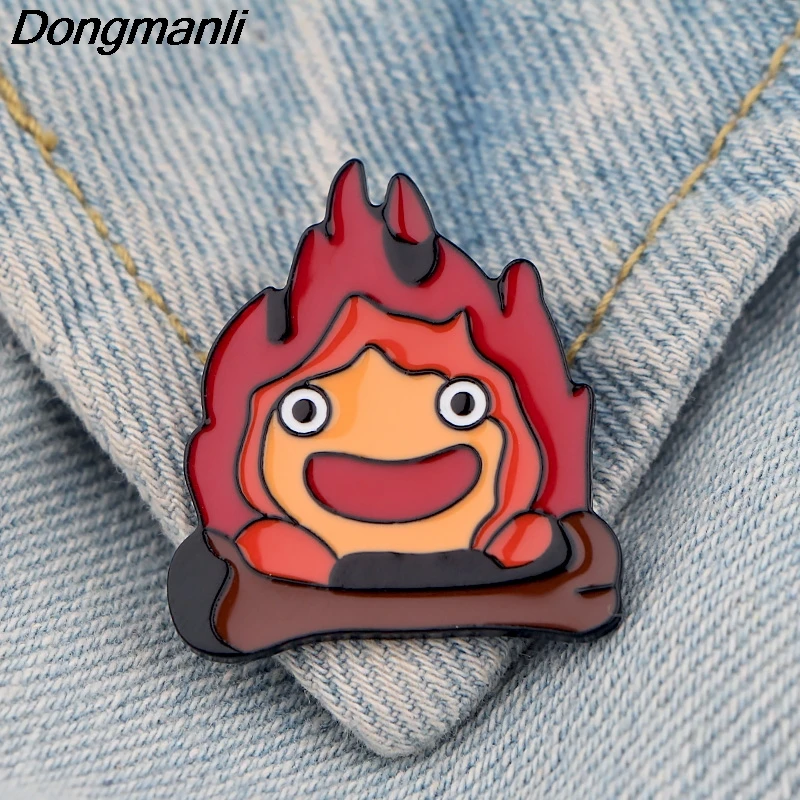 

LB466 Movie Jewelry Happy Calcifer Metal Enamel Pins and Brooches Howl's Moving Castle Lapel Pin Badge Gifts