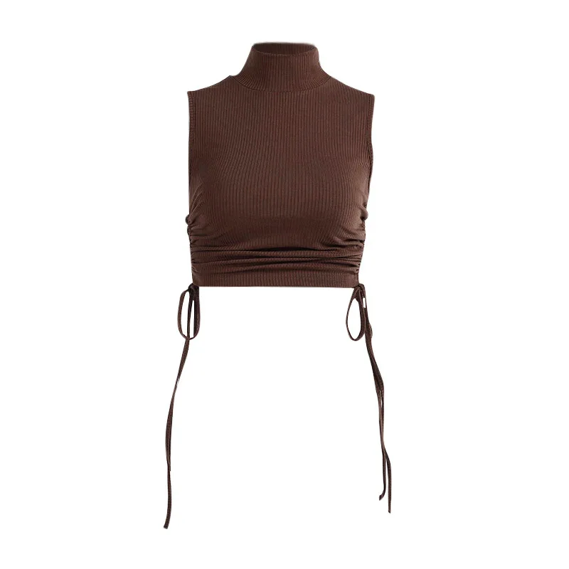 

European and American fashion new small back slim solid color round neck drawstring short vest for women