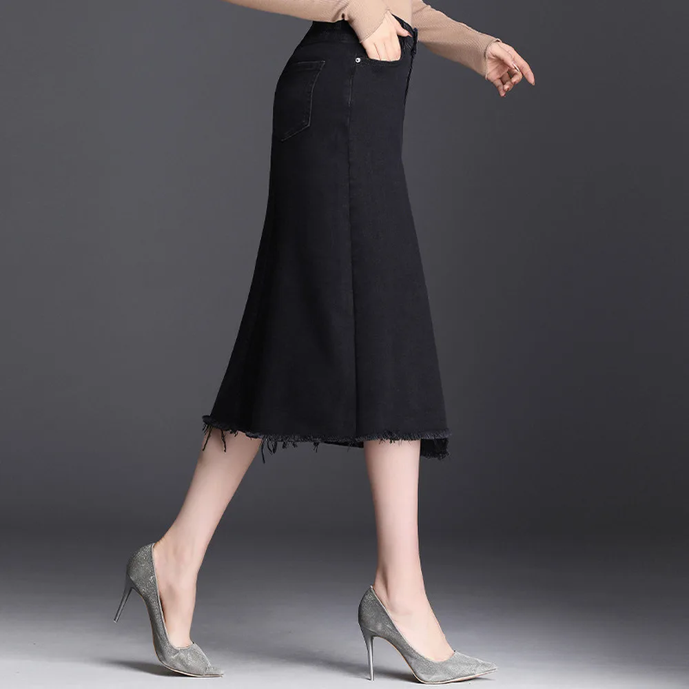 

Denim Skirt Women 2020 Autumn New High-Waisted Fringe A-Line Skirts Mid-Length All-Match Half-Length Skirt Thin One-Step Falda