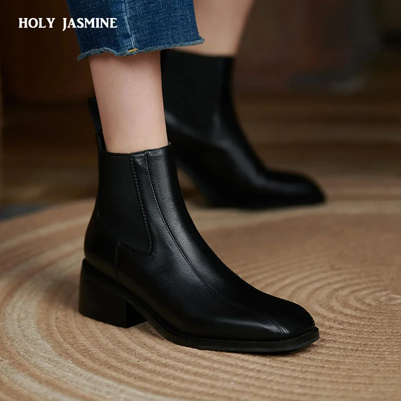 

Женские ботильоны с квадратным носком, из натуральной кожи, на толстом каблуке