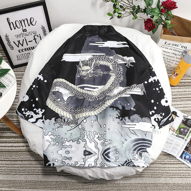 Мужской кардиган в китайском традиционном стиле юката с принтом дракона блузка