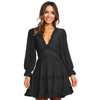 women dress spring and autumn deep v neck defined waist backless chiffon long sleeves pleated ruffle solid color dresses