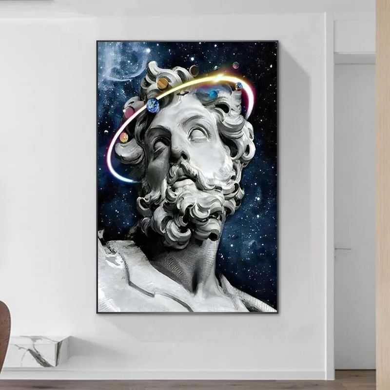 

Classic Canvas Painting Zeus Sculpture with Universe Planet Canvas Art Posters Graffiti Art on The Wall Art Cover Face Pictures