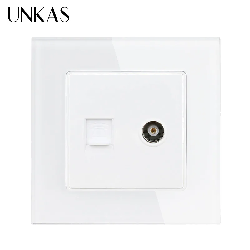 UNKAS White Luxury Crystal Glass Panel 1 Gang RJ11 2 Core Telephone With Female TV Outlet Wall Socket
