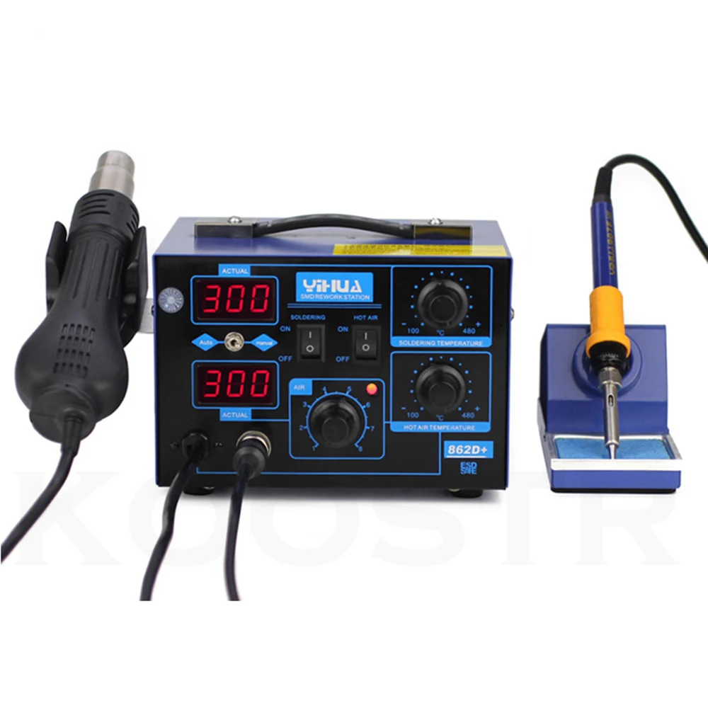 YIHUA 862D+ паяльная станция 2 в 1 паяльная станция паяльник горячего воздуха пистолет для IC SMD распайки светодиодный цифровой дисплей CE