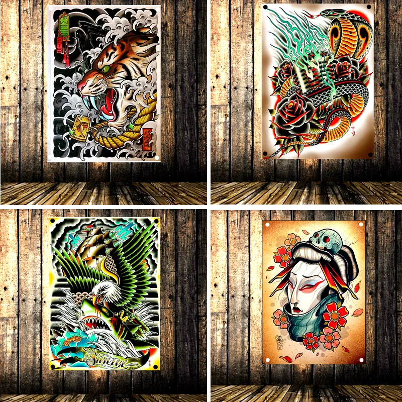 

Retro Tattoo Poster Banner Flag Tapestry Wall Stickers Canvas Painting Wall Hanging Cloth Art Bar Cafe Barber Shop Home Decor R1