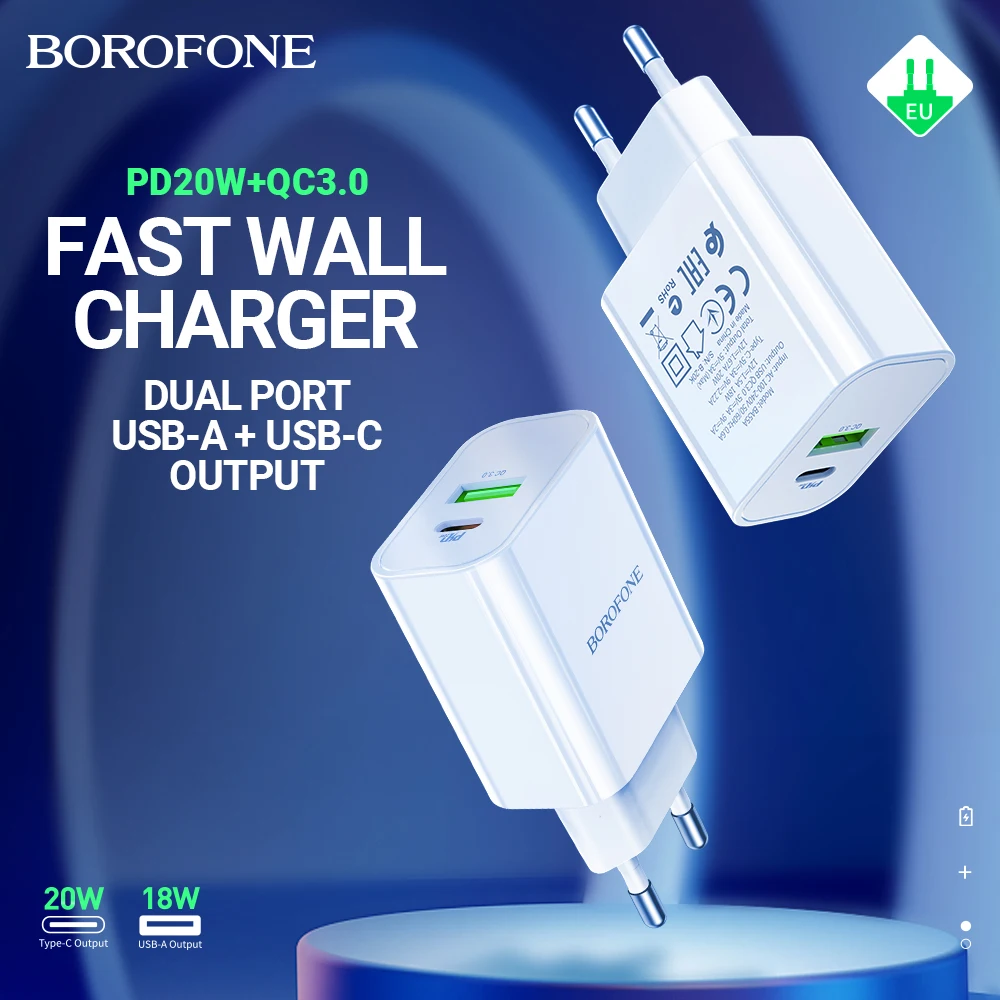 

BOROFONE USB charger PD 20W Type-C QC3.0 USB-A 18W dual port EU plug fast charging quick charge adapter For iPhone Samsung Mi