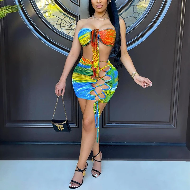 

Tie-dye printing Tie Front sleeveless Crop Top & Lace Up Bodycon Skirt Sexy Party Club Suits Two Piece Set